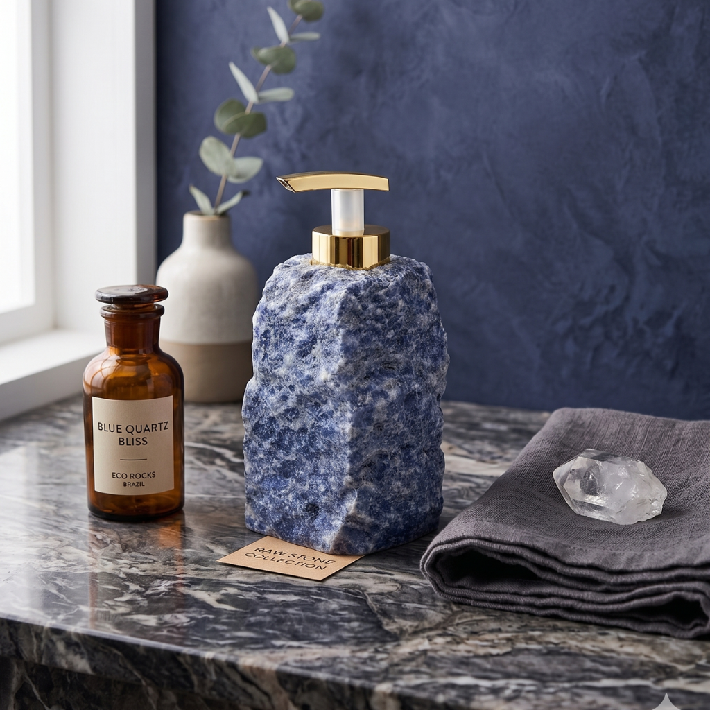 Luxury blue crystal soap dispenser on a modern bathroom counter vanity