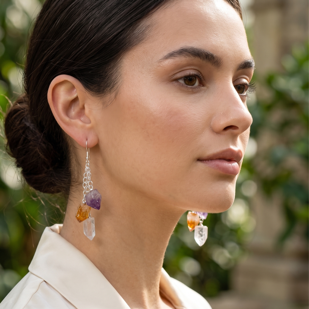 Raw Crystals Triple Dangle Points Earrings