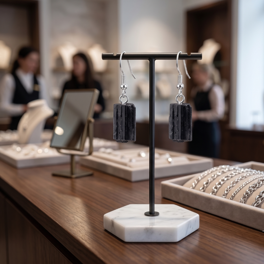 Gold-plated raw black tourmaline earrings hanging on a minimalist T-bar display stand on a luxury marble counter with crystal accents.