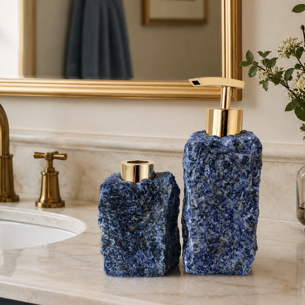 Luxury blue crystal bathroom accessory set styled on a modern countertop vanity