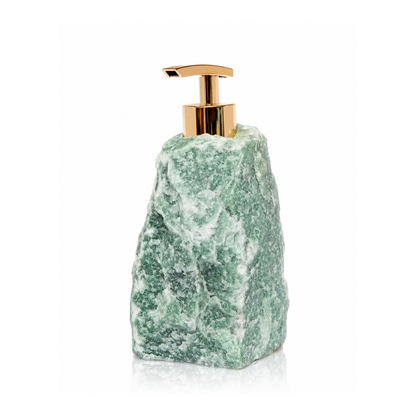 Luxury raw green quartz soap dispenser on a bright bathroom vanity