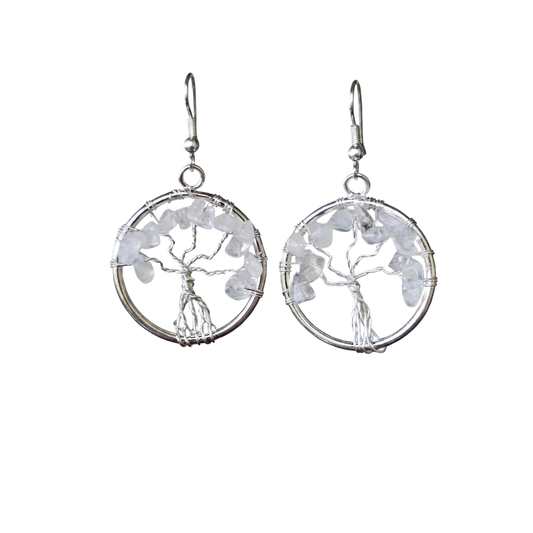 Clear Quartz Tree of Life Natural Stone Earrings