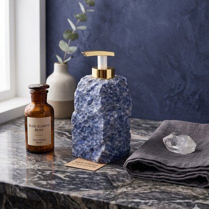 Luxury blue crystal soap dispenser on a modern bathroom counter vanity