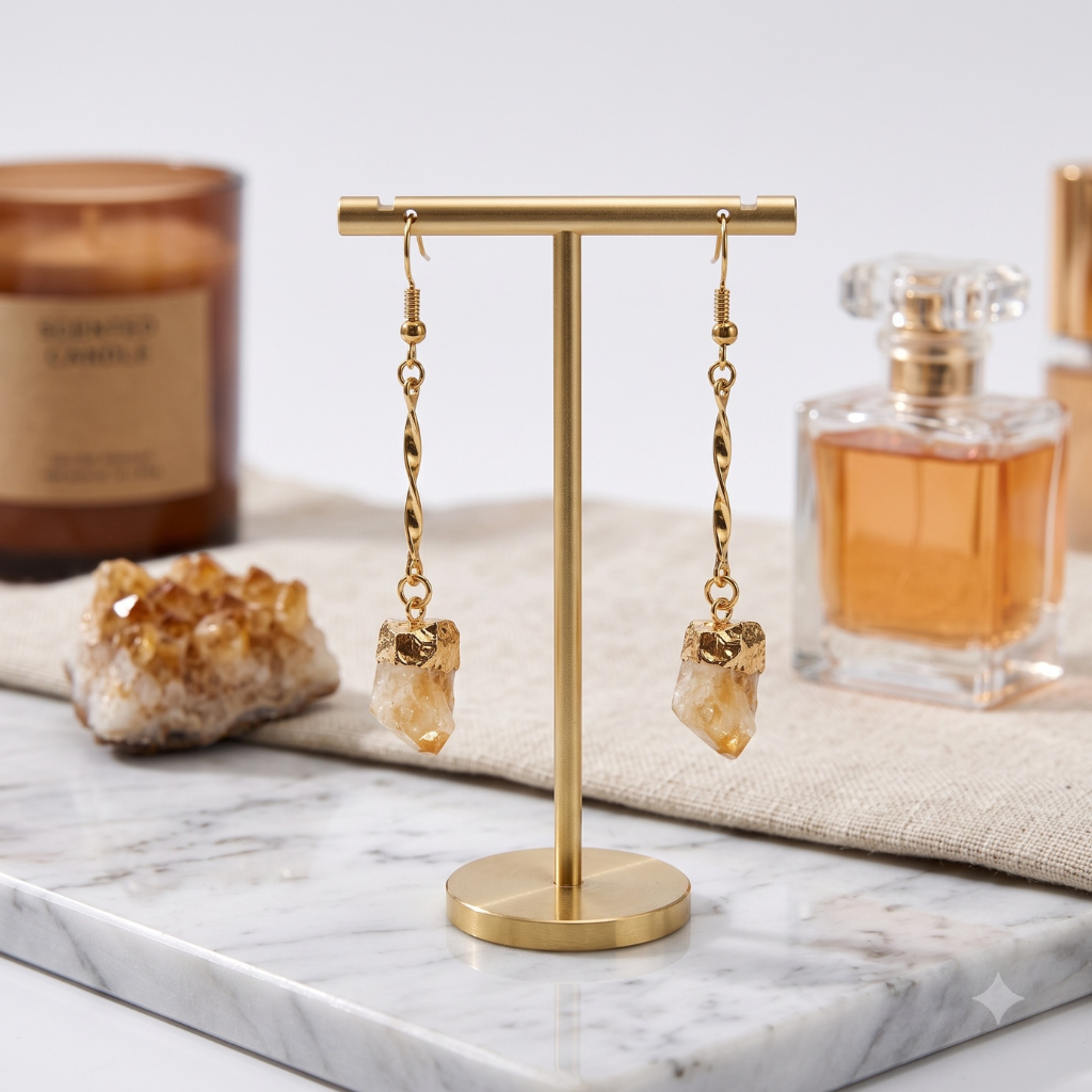 Pair of gold-plated twisted-chain raw citrine point earrings hanging on a minimalist silver T-bar jewelry display stand with marble and linen.