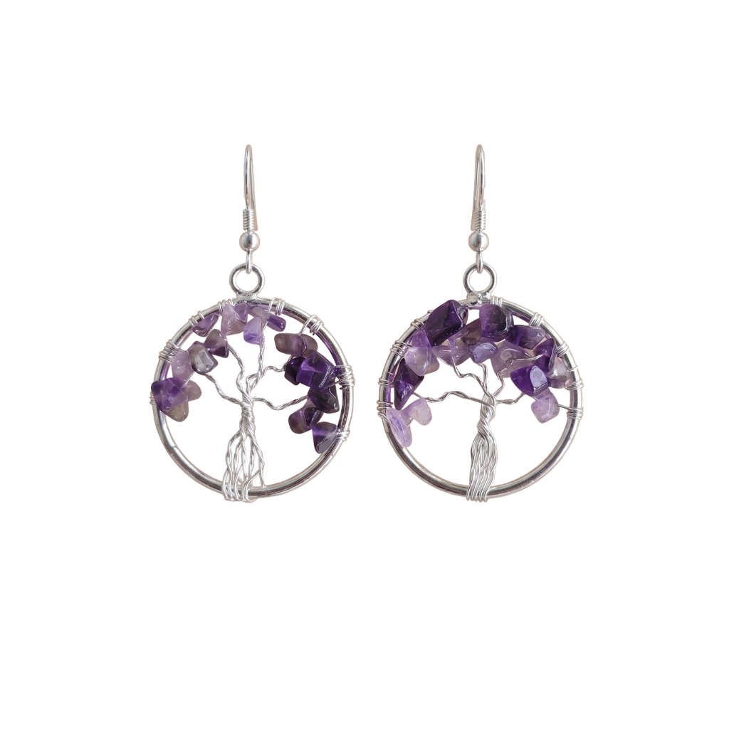 Amethyst Tree of Life Natural Stone Earrings