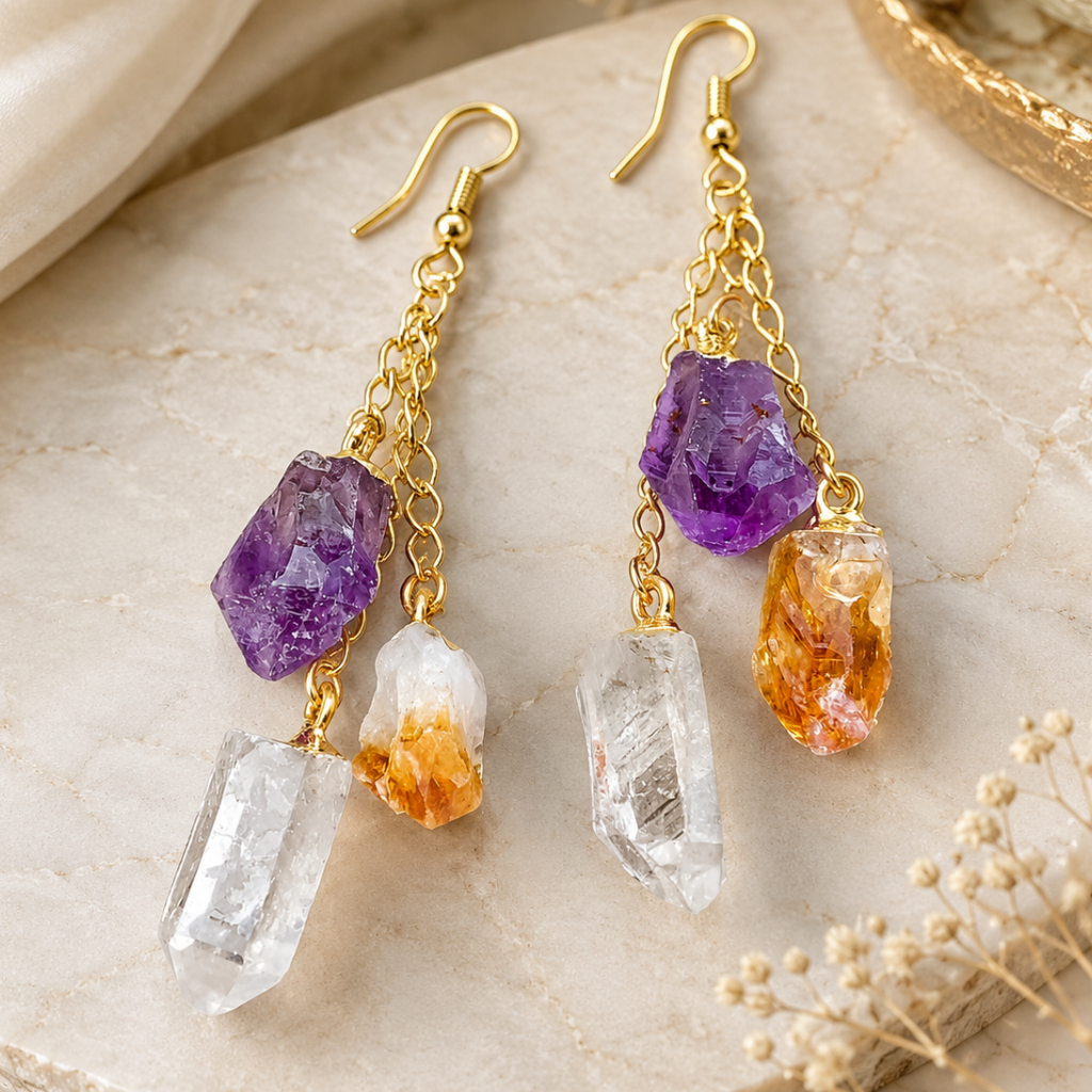 Raw Crystals Triple Dangle Points Earrings
