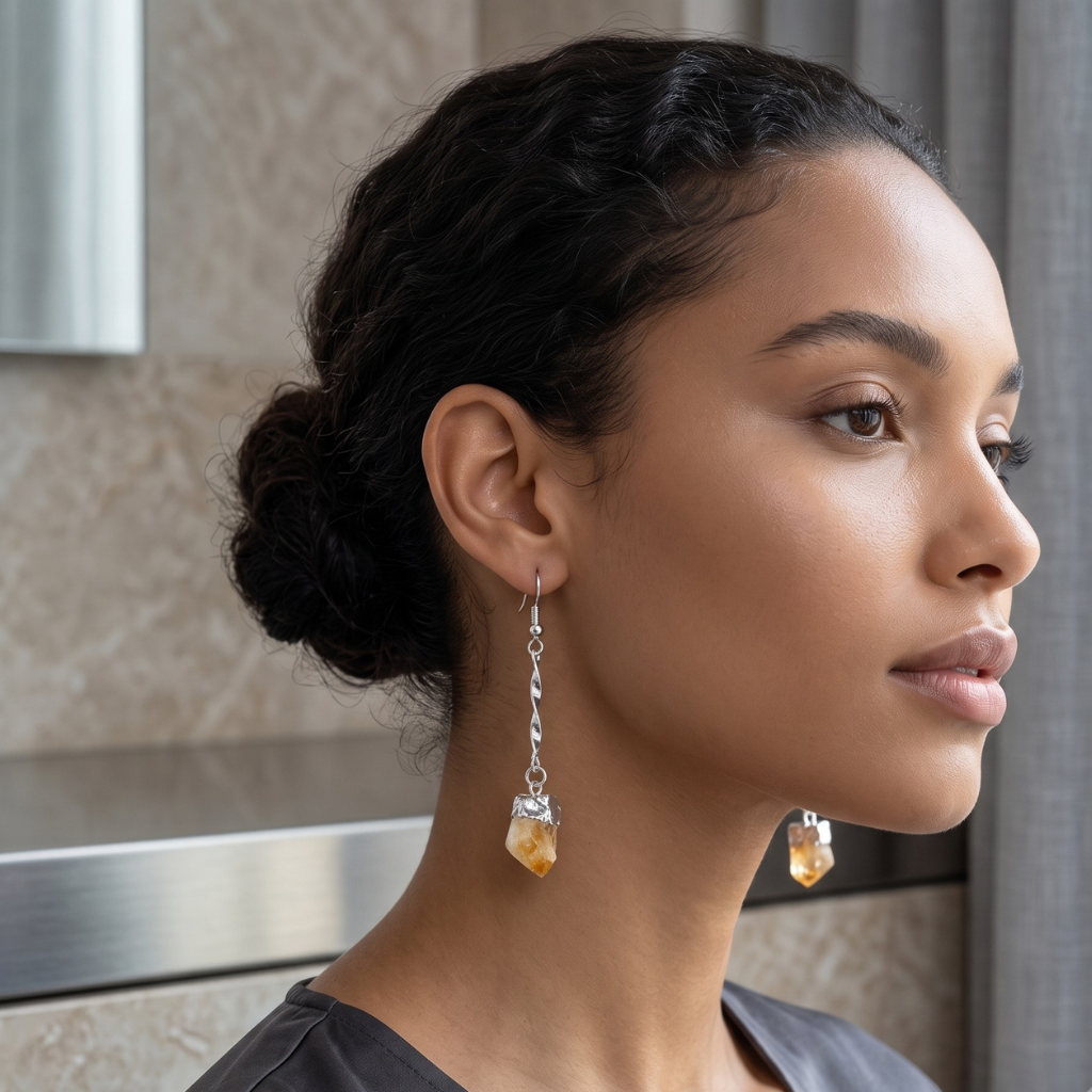 Close-up profile view of a female model with a low bun, wearing a silver-plated raw citrine point drop earring ~6cm. High-vibe wellness jewelry.