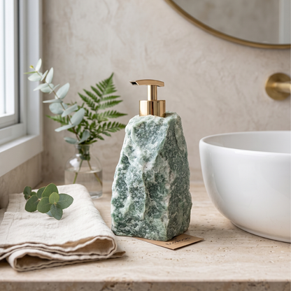 Luxury raw green quartz soap dispenser on a bright bathroom vanity