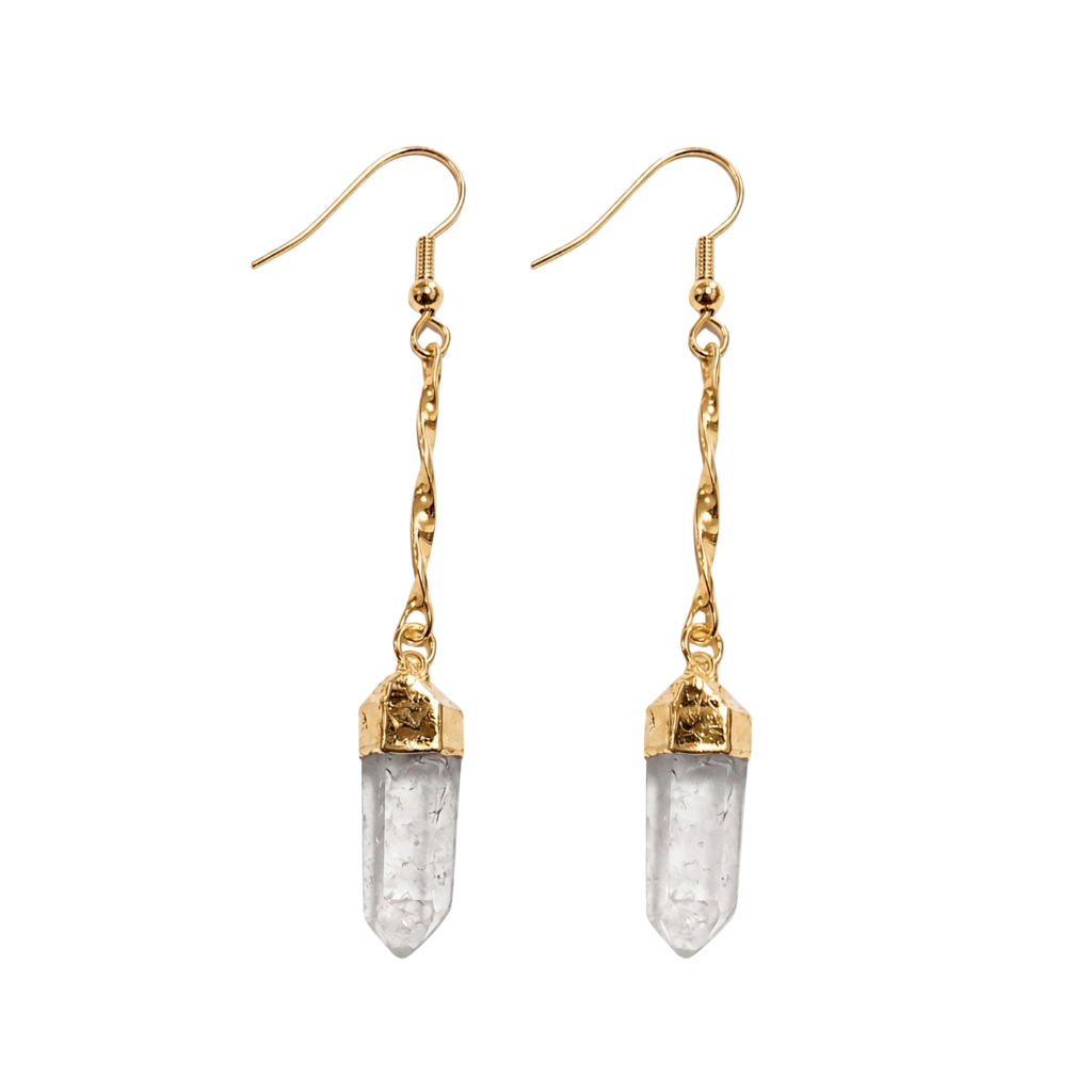 Pair of long, silver-plated twisted-chain raw Clear Quartz crystal point dangle earrings with silver hooks on a clean background.