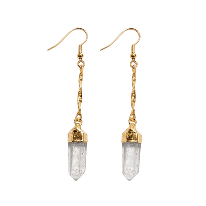 Pair of long, silver-plated twisted-chain raw Clear Quartz crystal point dangle earrings with silver hooks on a clean background.