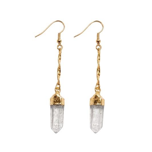 Pair of long, silver-plated twisted-chain raw Clear Quartz crystal point dangle earrings with silver hooks on a clean background.