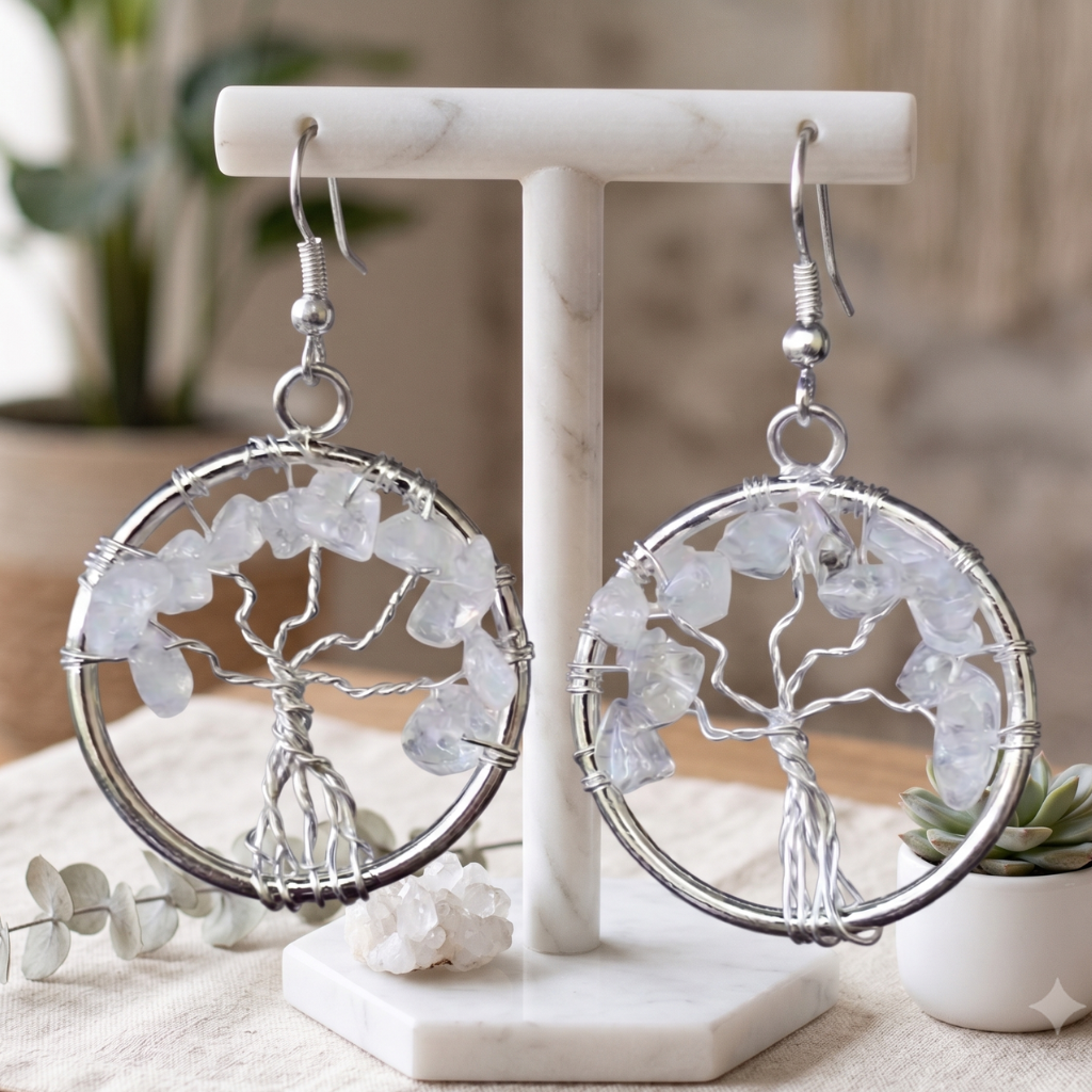 Clear Quartz Tree of Life Natural Stone Earrings