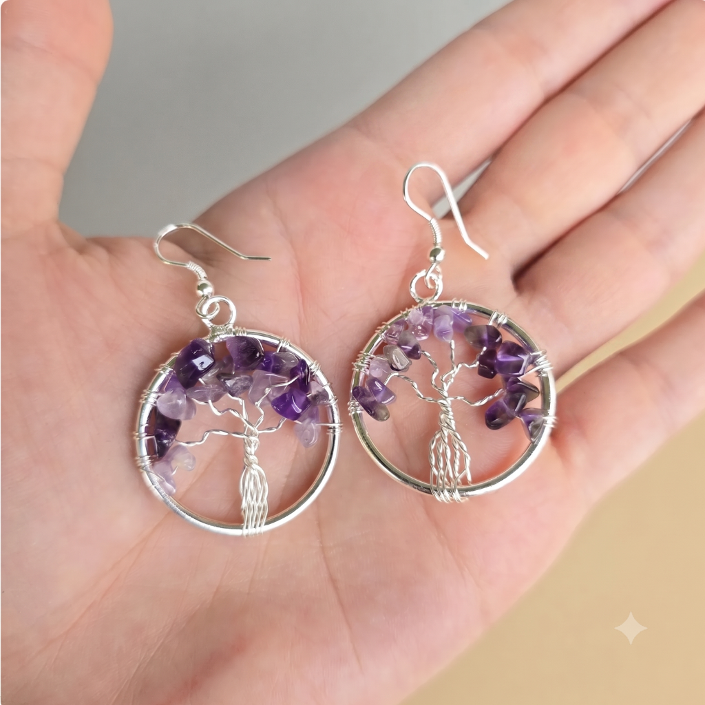 Amethyst Tree of Life Natural Stone Earrings