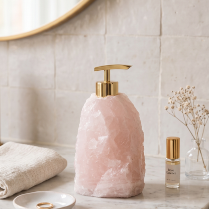 Luxury raw rose quartz soap dispenser on a bright bathroom vanity