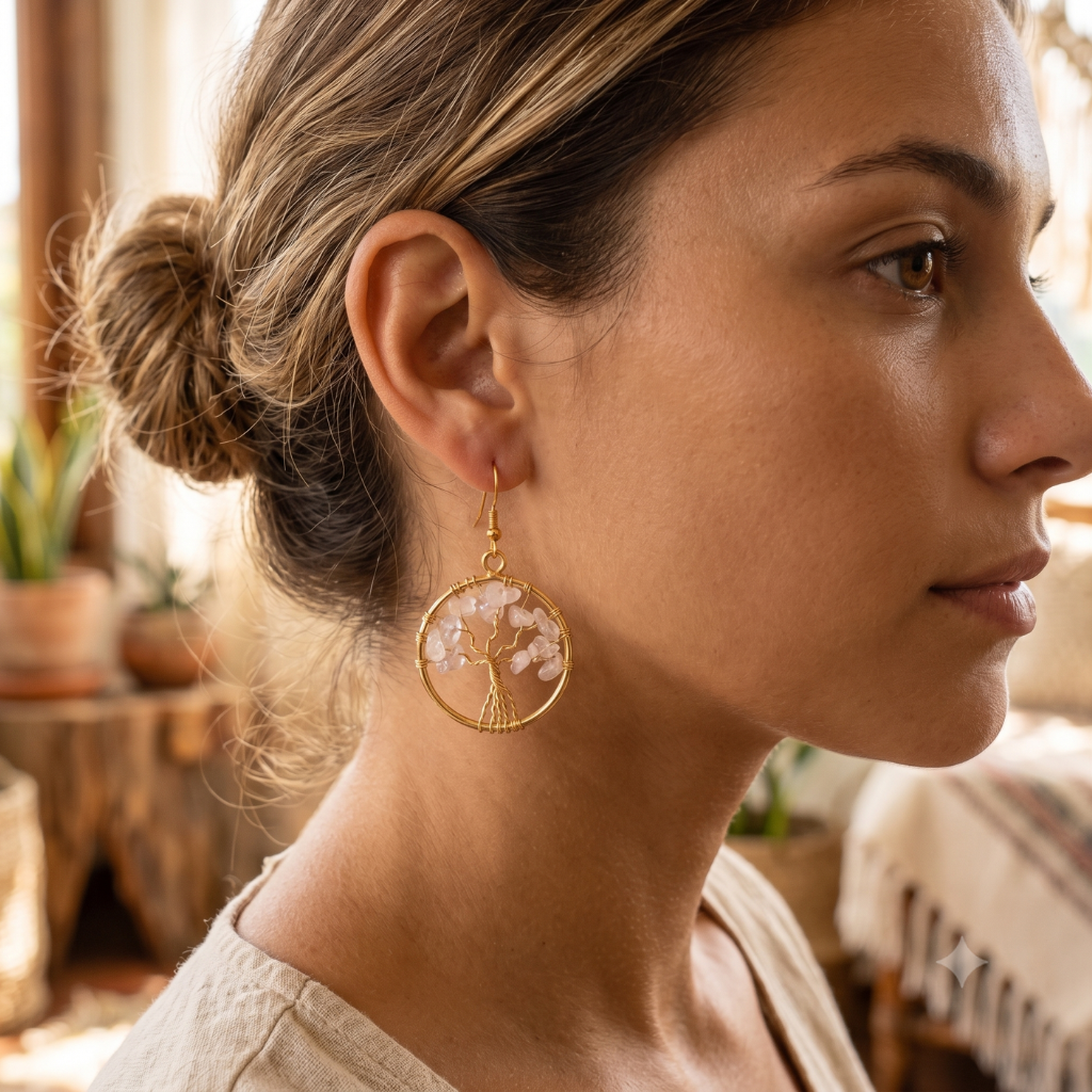Clear Quartz Tree of Life Natural Stone Earrings