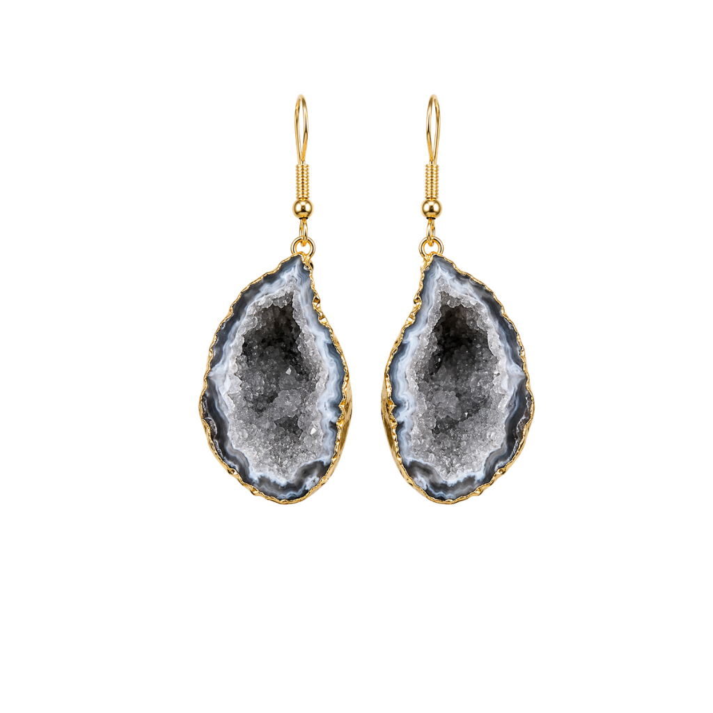 Pair of natural agate geode slice dangle earrings with a gold-plated edge and classic fishhook wires on a seamless white background.