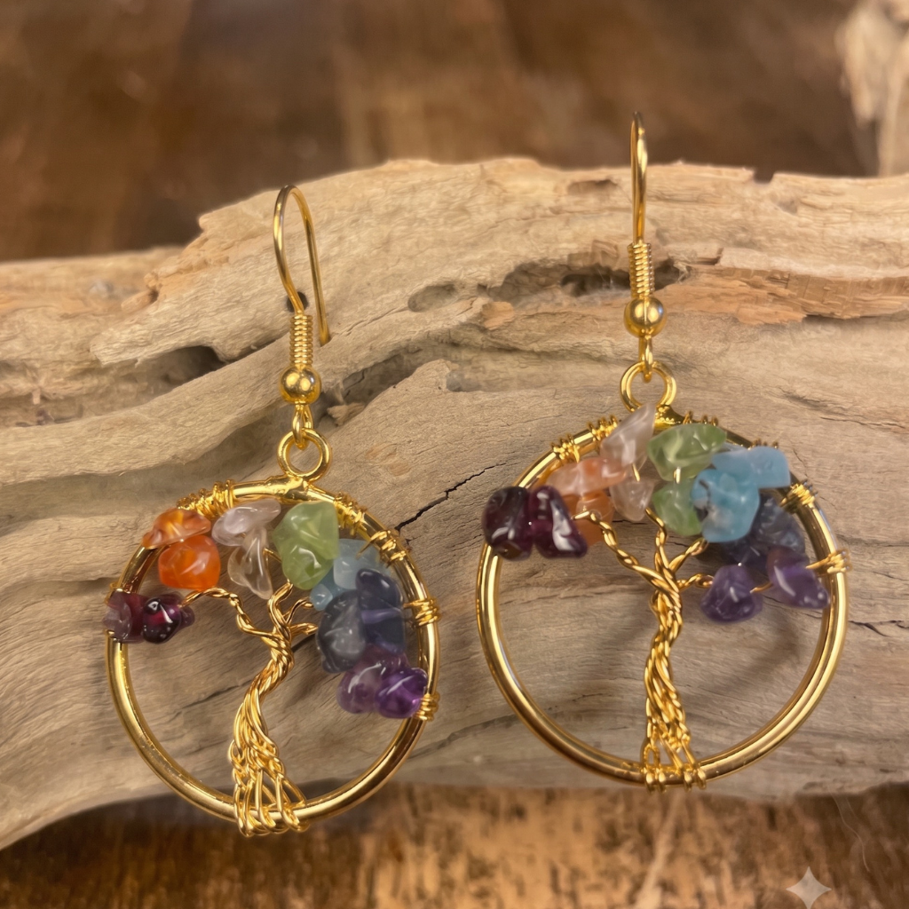 Chakras Tree of Life Natural Stone Earrings