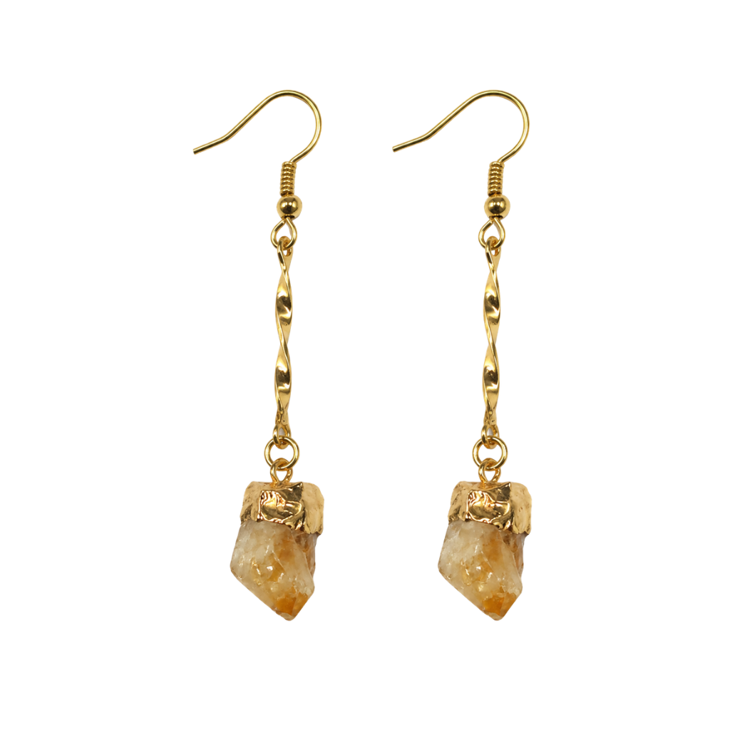 Alt Text: Pair of long, silver-plated twisted-chain raw citrine point earrings with silver French hooks on a clean white background. Authentic Brazilian crystal jewelry.