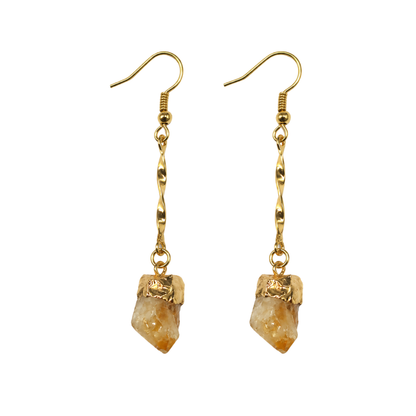 Alt Text: Pair of long, silver-plated twisted-chain raw citrine point earrings with silver French hooks on a clean white background. Authentic Brazilian crystal jewelry.