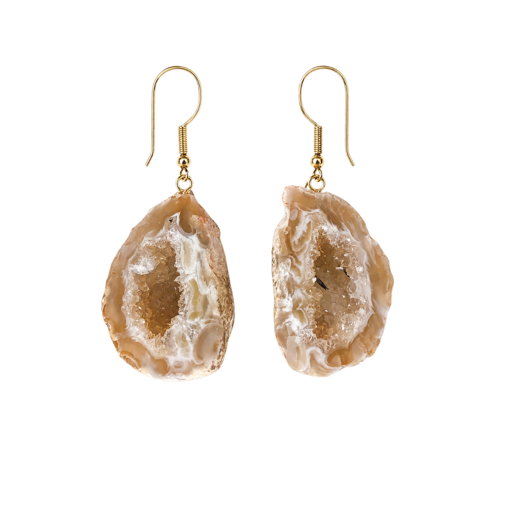 Pair of natural raw agate geode slice earrings with completely unplated organic rock edges, hanging from gold-plated fishhook wires on a white background.