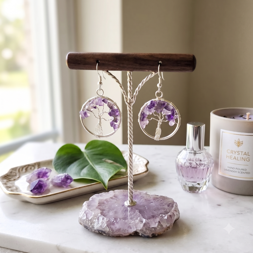 Amethyst Tree of Life Natural Stone Earrings