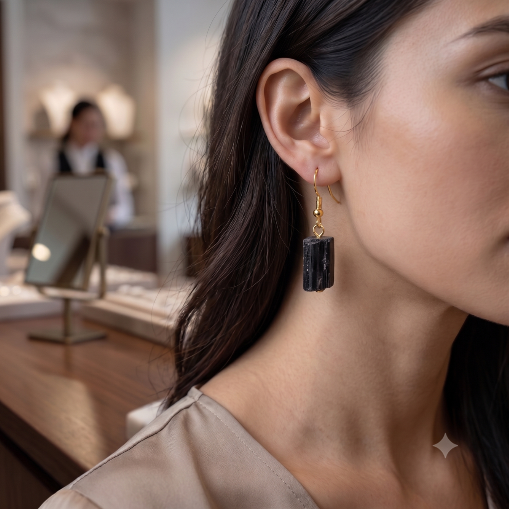 Side profile close-up of a model wearing a silver-plated natural raw black tourmaline crystal drop earring, highlighting its rustic and elegant texture.