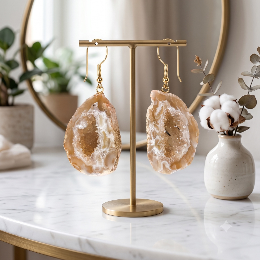 Raw organic natural agate geode earrings with gold-plated hooks hanging on a luxury display stand on a marble counter.