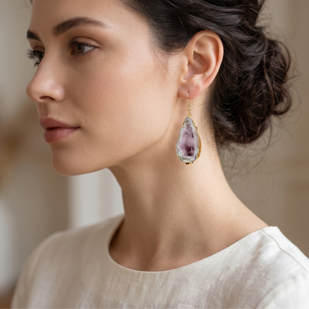 Side profile close-up of a model wearing a silver-plated edge agate geode earring, showcasing the sparkling crystal center.