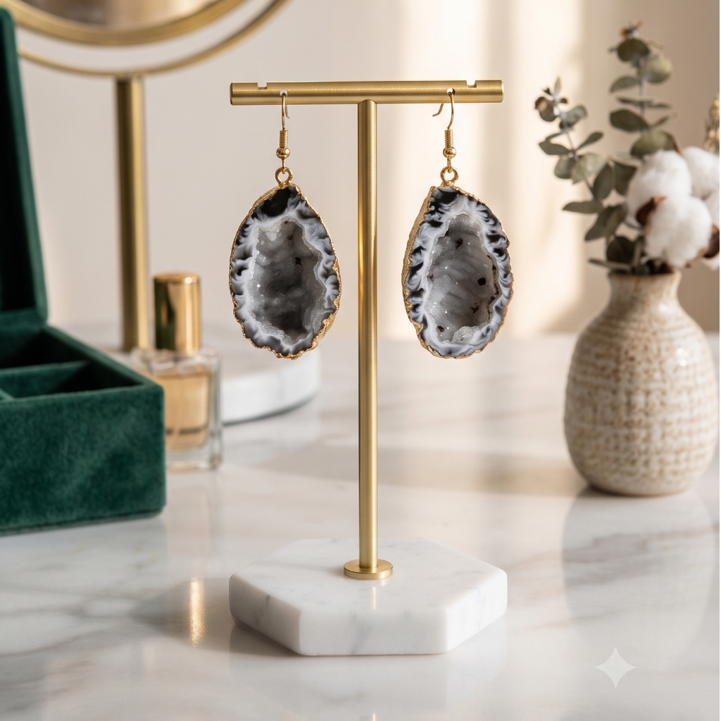 Gold-plated edge natural agate geode earrings hanging on a minimalist T-bar display stand in a beautifully lit boutique environment.