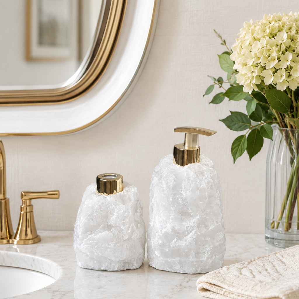 Luxury modern white crystal bathroom accessory set styled on a minimalist countertop vanity