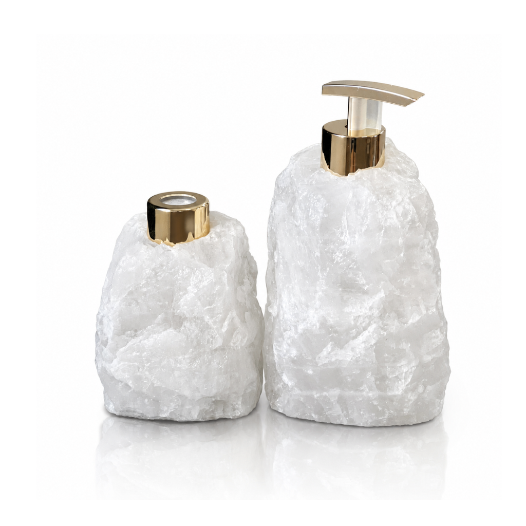 Raw milk quartz luxury vanity set including white soap dispenser with gold pump and matching aroma diffuser