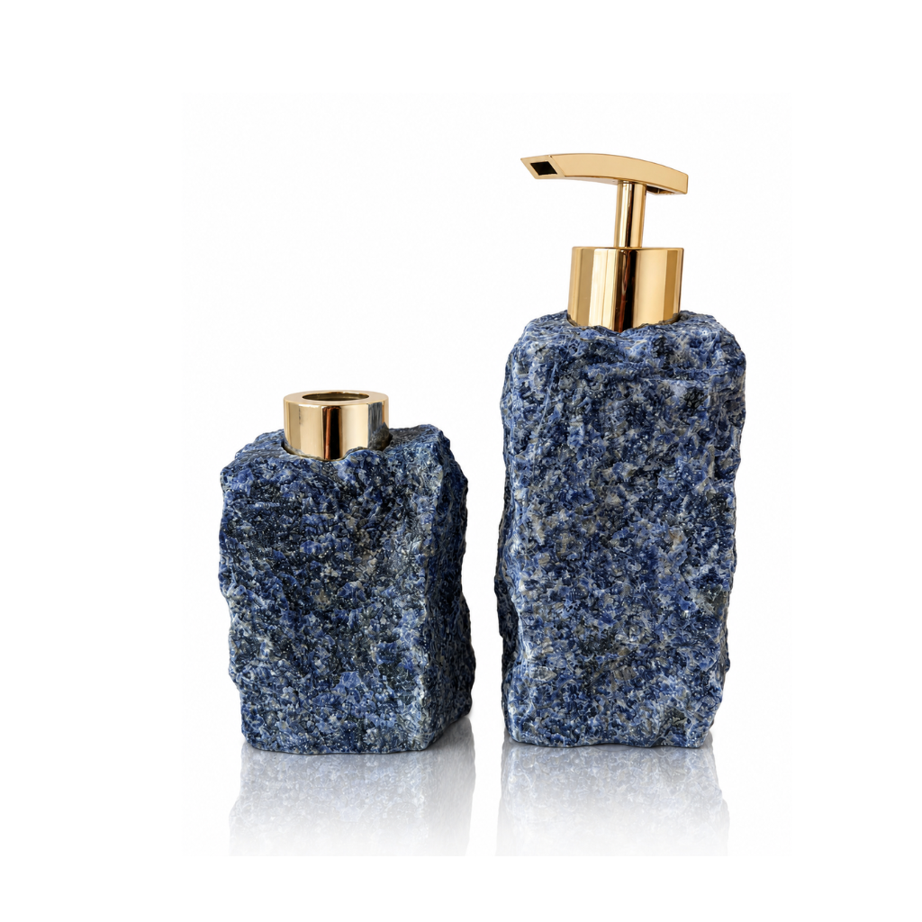 Raw blue sodalite luxury vanity set including soap dispenser with gold pump and matching aroma diffuser