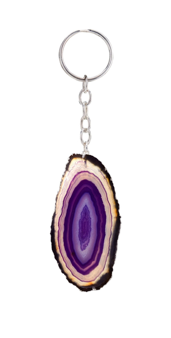 AGATE SLICE KEYCHAIN WITH METAL ROUND RING PLATED